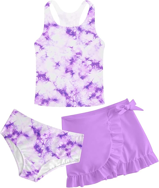 Girls Swimsuits 3 Piece Tankini Bathing Suit Set Cute Bikini Swimwear with Cover Ups Beach Skirt 5-16 Years