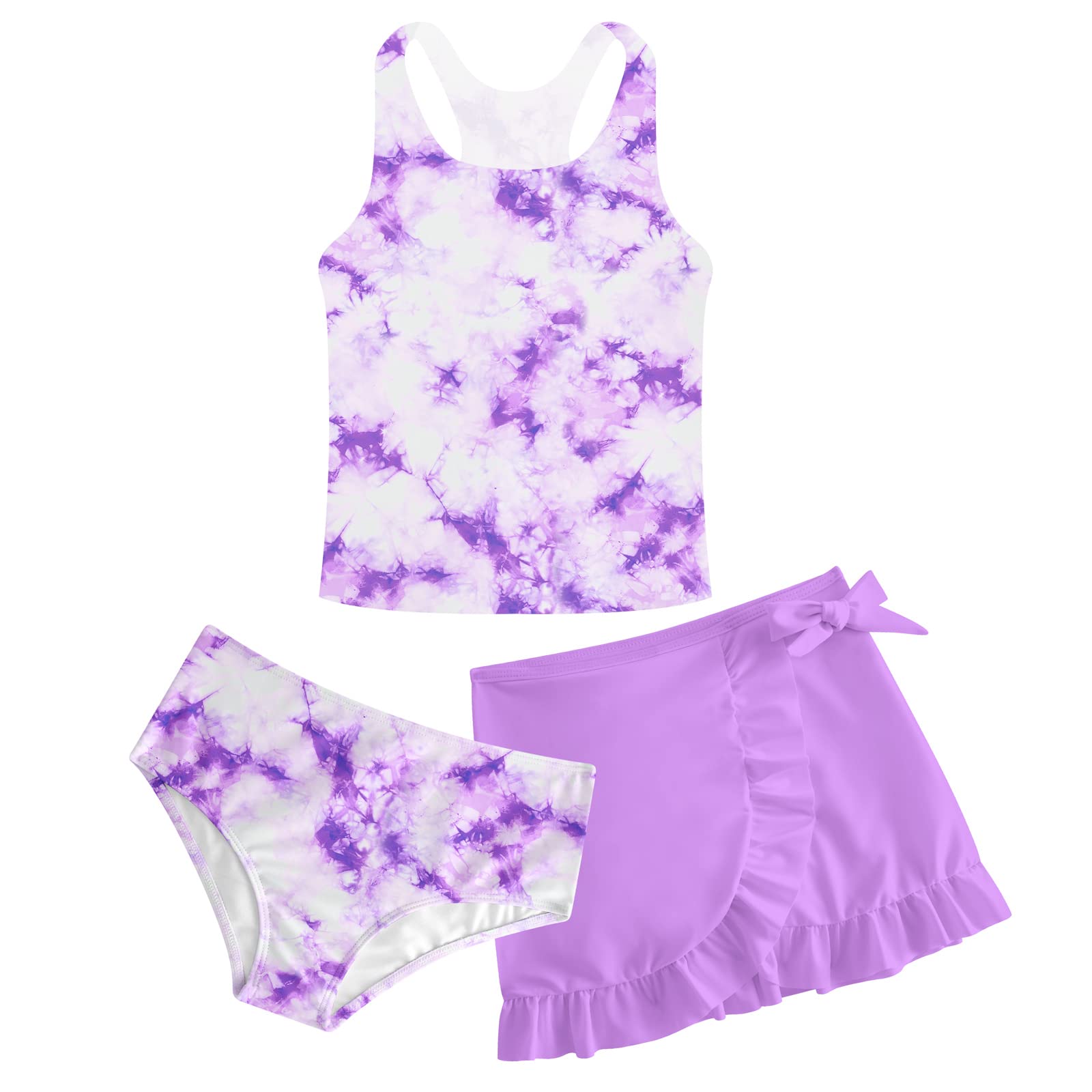 Girls Swimsuits 3 Piece Tankini Bathing Suit Set Cute Bikini Swimwear 5-16Y | 3 Piece, Padded, Cover Up Skirt, Lightweight，Breathable， No Shrink, No Fade, 3D Print Swimsuit for Beach Holiday Vacation