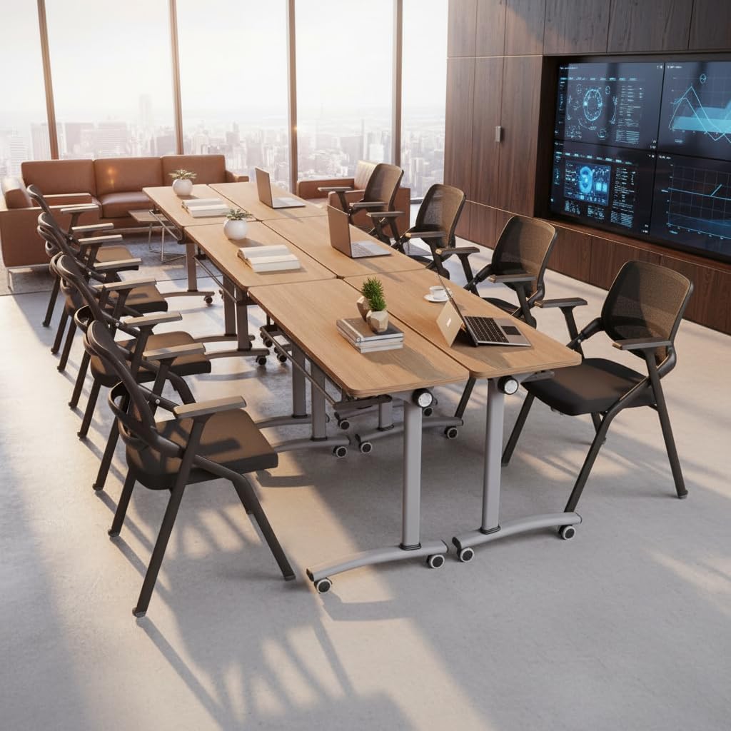 Folding Conference Table with Wheels, Flip Top Conference Room Table, Modular Mobile Training & Meeting Room Table Set, Space Saving Nesting Office Boardroom Desk for 6-12 Person, Set of 2/4/6/8
