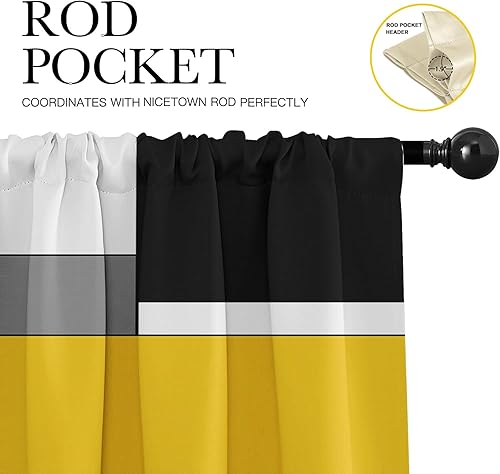 Miniatura 4 de Emvency Paquete de 2 cenefas para ventana, diseño geométrico amarillo y negro, arte moderno abstracto, cortinas opacas ajustables para ventanas,
