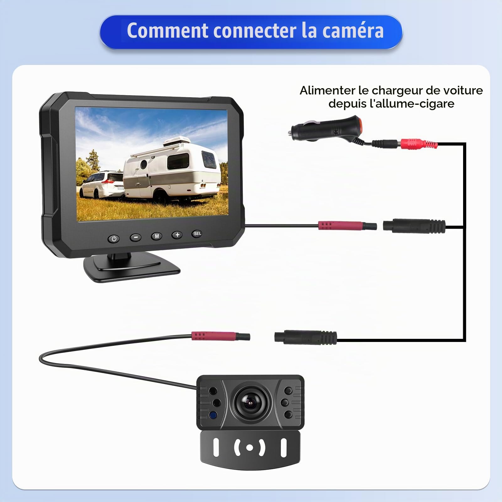 OiLiehu Kit Caméra de recul Filaire Système, Moniteur HD 1080P de 5 Pouces pour Camera Voiture, Caméra de Vision Nocturne Étanche IP68, avec Câble d'extension de 26,2 Pieds, Ligne Auxiliaire Inversée