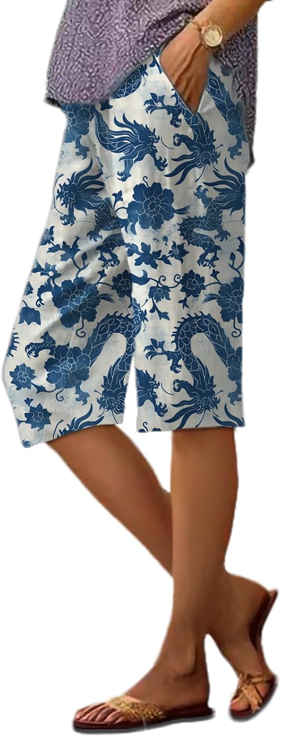 Quick Dry Shorts for Women Business Casual Plus Size Elastic Waist Boho Breathable Pants with Pockets