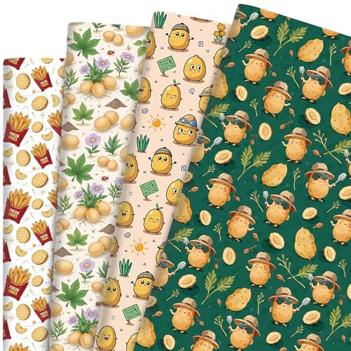 Pineraap 12 Sheets Potato Wrapping Paper, Chips Funny Wrapping Papers for Chef Potatoes Chips Lovers, Cute Watercolor Potato Gift Wrap Paper for Food Theme Birthday, Thanksgiving Harvest, 28x20 In
