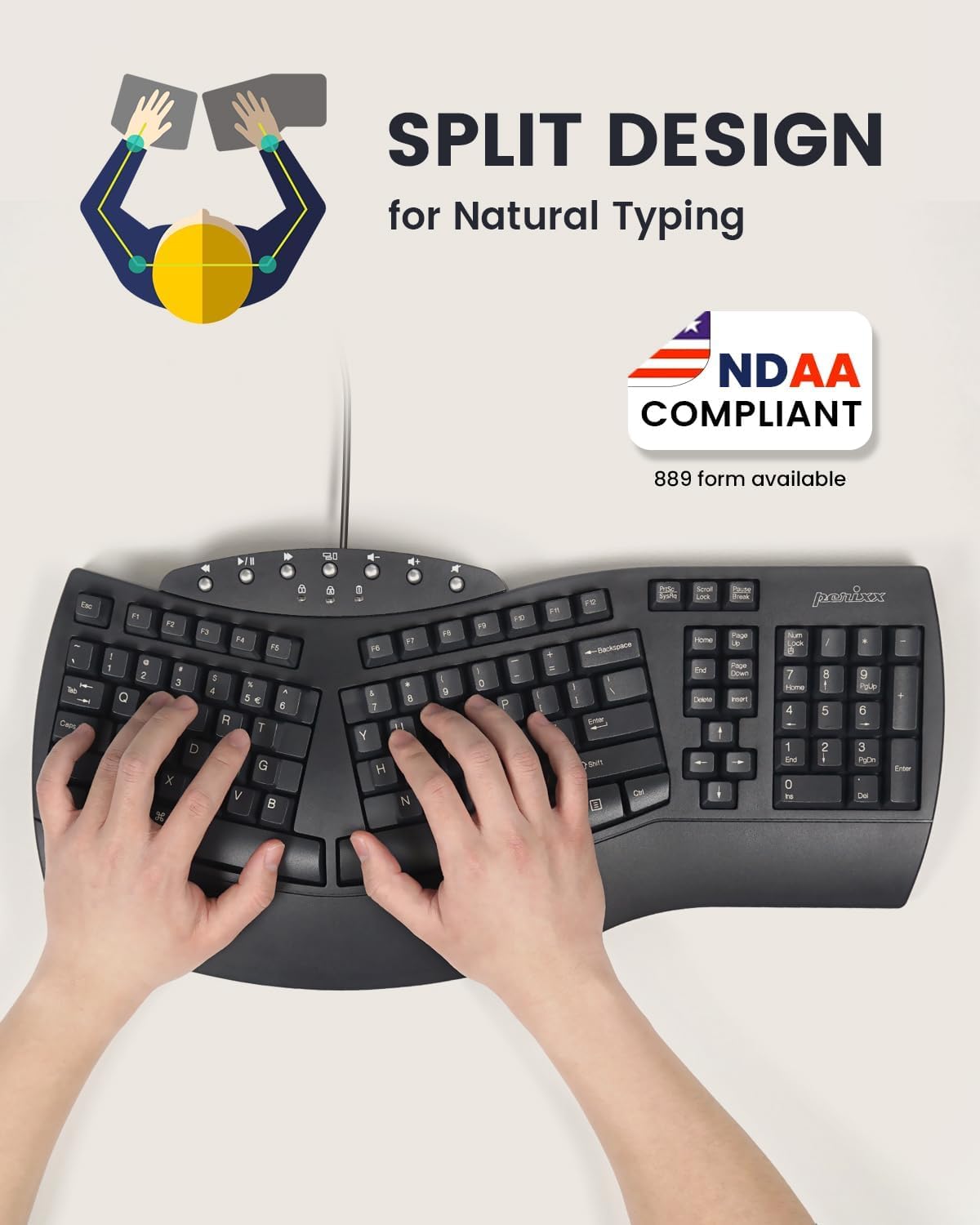 Perixx PERIBOARD-512 ergonomiczna łamana przewodowa klawiatura USB, 7 klawiszy multimedialnych, w kolorze czarnym, układ klawaitury: US QWERTY