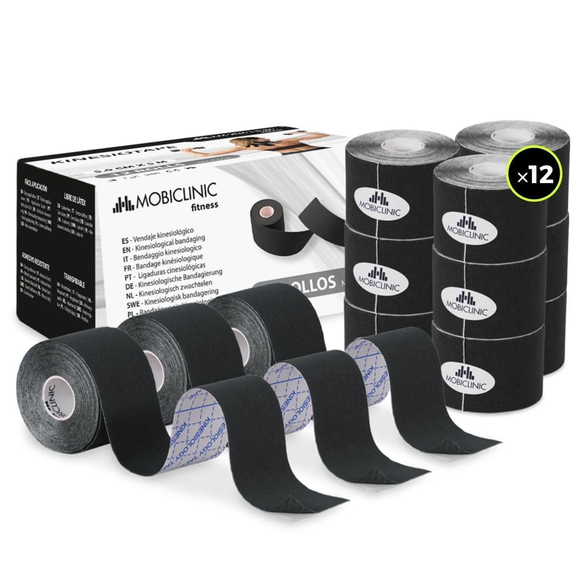 Mobiclinic®, 12 Rolls Kinesiology Tape, Neurological Adhesive Tape, Rolls of 5m x 5cm, Sports Tape, Muscle Relaxation, Kinesiological Bandage, Face Tape, Black