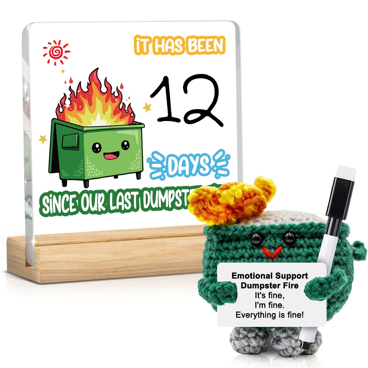 Funny Dumpster Fire Decor Emotional Support Dumpster Fire Crochet Set Office Sign Desk Accessories Positive DIY Sign Appreciation Gifts for Women Men Coworker Staff Team Employees Boss HR