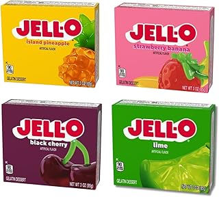 Gelatin Variety Pack, 4 Flavored Instant Jell Dessert Mix, Strawberry Banana, Pineapple, Black Cherry, and Lime (3oz/Pack of 4)
