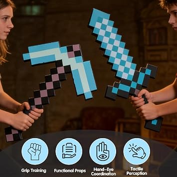 Pickaxe and Sword Toys, 2 Pack Foam Sword and Pickaxe, Kids Role-Play Battle Accessory, Foam Weapon Toy Gifts for Video Game Fans Kids Children's Day Halloween Christmas Blue