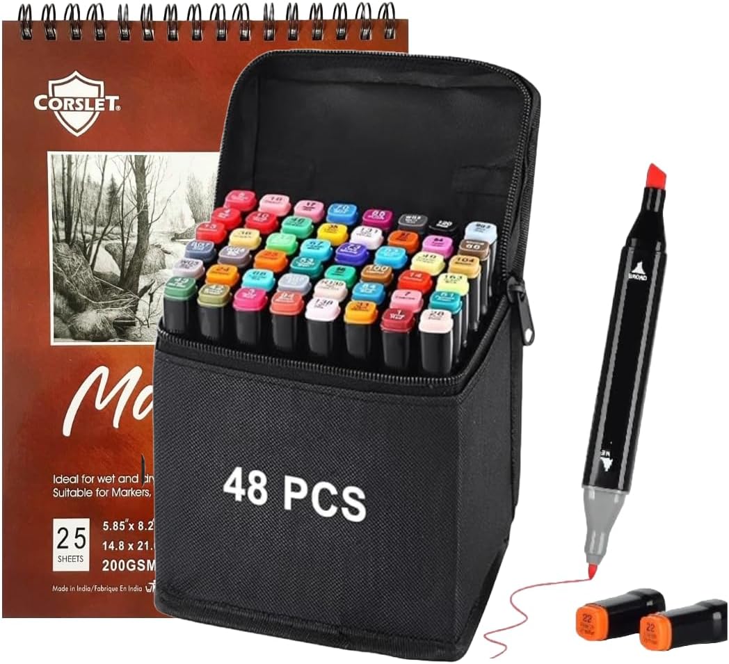 Corslet 48 Pcs Alcohol Markers Set with Fine and Broad Tip, Alcoholic Markers Colour Set, Dual Tip Alcohol Marker Pens for Smooth Blending, Markers for Drawing, Sketching & Coloring