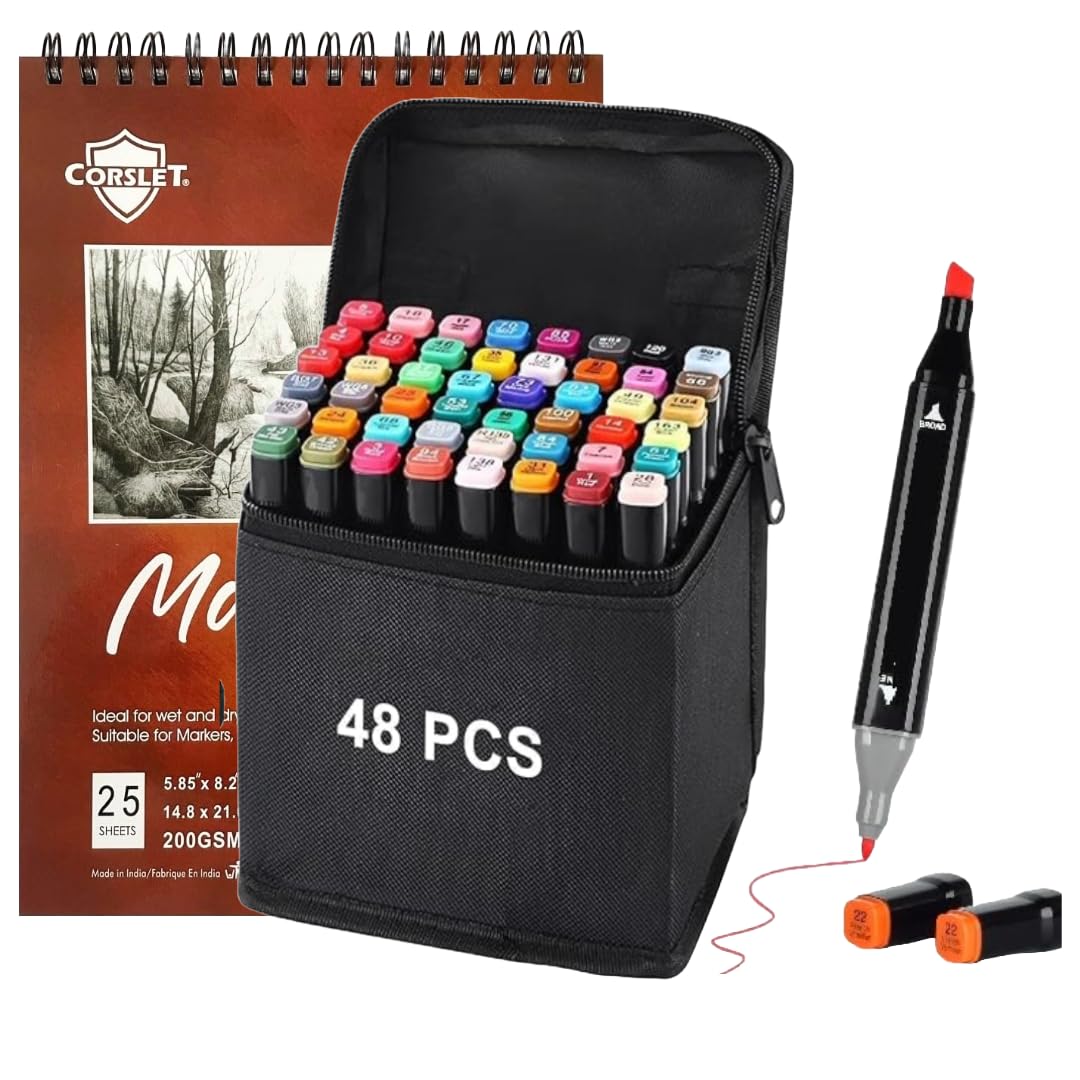 Corslet Dual Tip Alcohol Markers 48 Colours with Carrying Case and 25 Sheet Marker Pad | Twin Head Colouring Pens for Art, Sketching and Calligraphy