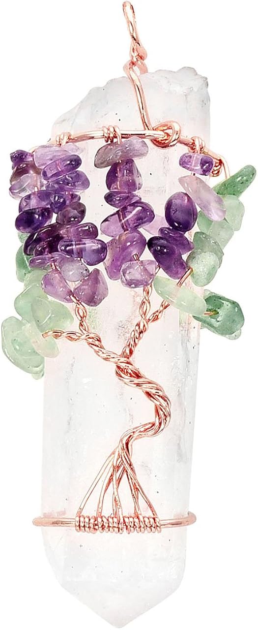Miniatura 2 de Jovivi - Collar con dije de cuarzo de cristal natural envuelto en alambre con la forma de árbol de la vida de piedras preciosas, regalo ideal para