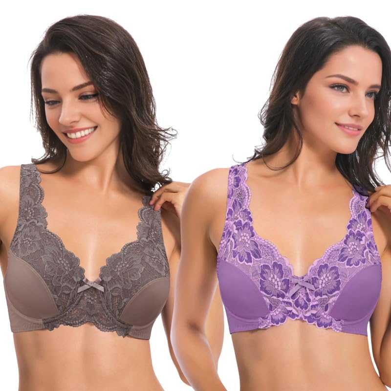Image of Curve Muse Minimizer Unlined Underwire Bra with Lace Embroidery-2 Pack