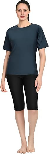 THE MORNING PLAY Morex Women's Half Sleeve Two-Piece Swimming Costume, T-Shirt Style, Removable Padding, 3/4 Length