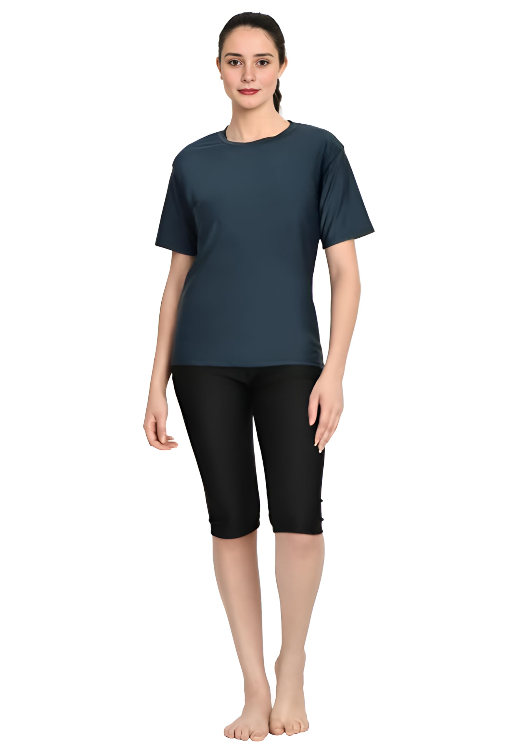 Morex Women's Half Sleeve Two-Piece Swimming Costume, T-Shirt Style, Removable Padding, 3/4 Length-image-35