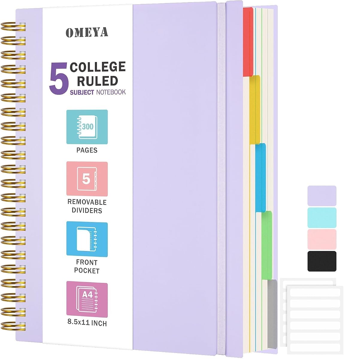 Spiral Notebook 8.5" x 11", 5 Subject Notebooks College Ruled with Dividers | 300 Pages 100GSM Thick Spiral Writing Journal for Women & Men, Large A4 Lined Journal Notebooks for Work, School Supplies