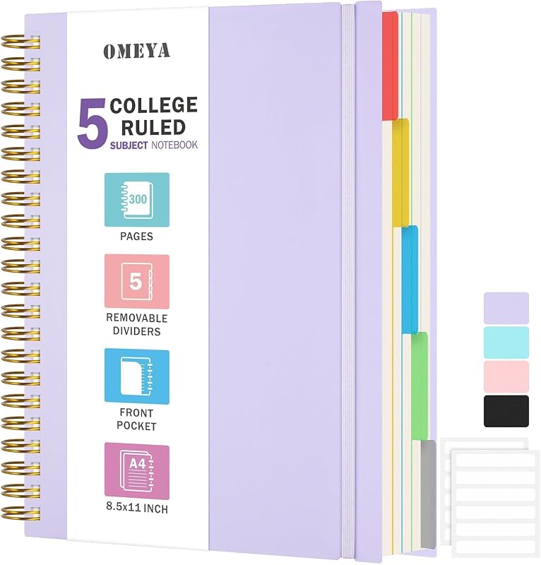 Spiral Notebook 8.5" x 11", 5 Subject Notebooks College Ruled with Dividers | 300 Pages 100GSM Thick Spiral Writing Journal for Women & Men, Large A4 Lined Journal Notebooks for Work, School Supplies