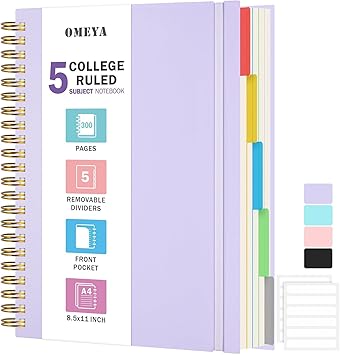 Spiral Notebook 8.5" x 11", 5 Subject Notebooks College Ruled with Removable Dividers, 300 Pages 100GSM Thick Spiral Writing Journal for Women & Men, Large A4 Lined Journal Notebooks for Work, School