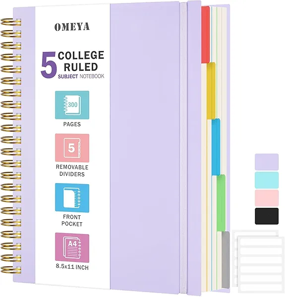 Spiral Notebook 8.5" x 11", 5 Subject Notebooks College Ruled with Removable Dividers, 300 Pages 100GSM Thick Spiral Writing Journal for Women & Men, Large A4 Lined Journal Notebooks for Work, School
