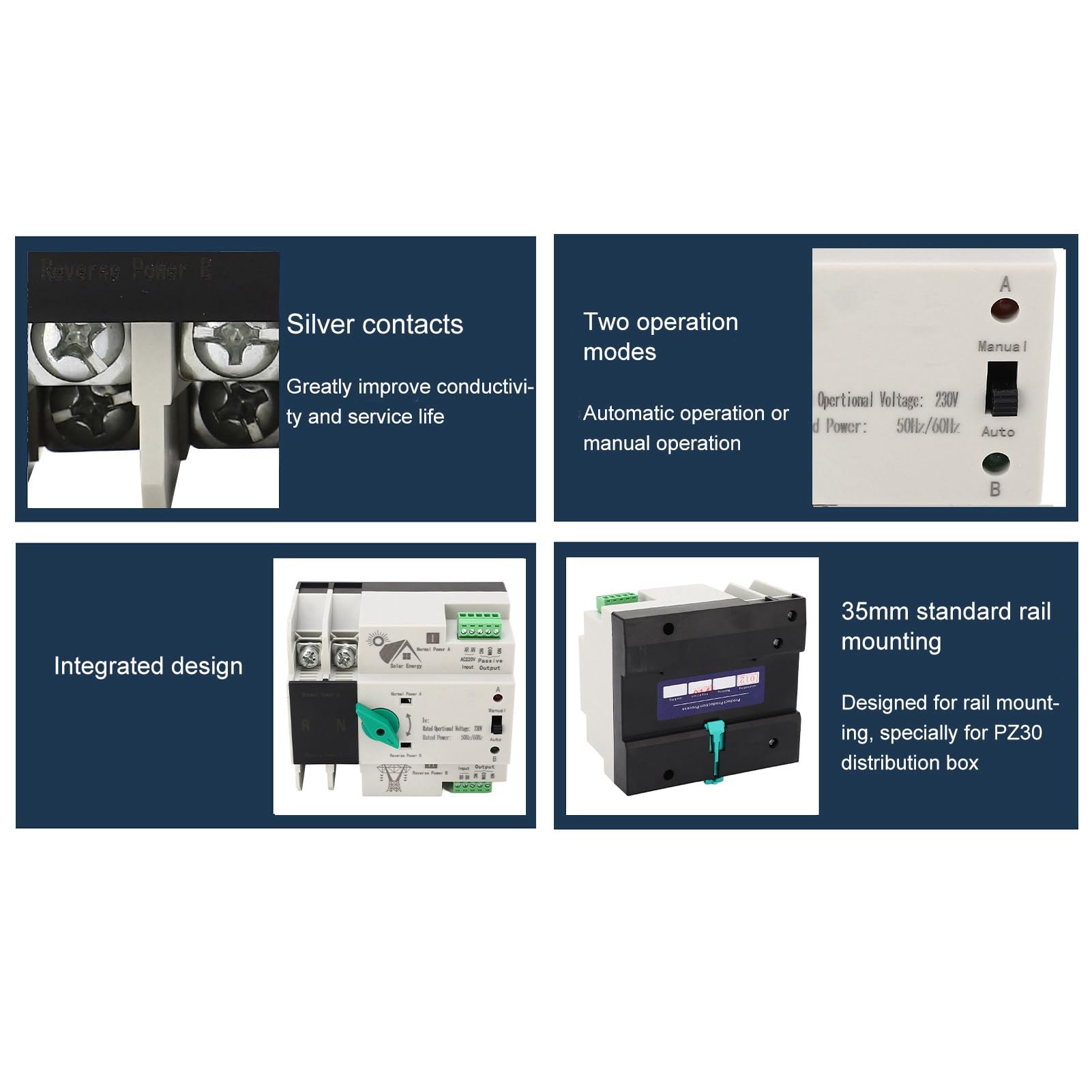 Yosoo Health Gear Interruptor de Transferencia Automática de Doble Potencia Interruptor de Transferencia de Energía 2P AC230V con Carcasa de PC y Contactos Plateados Montaje en Riel de Conmutación