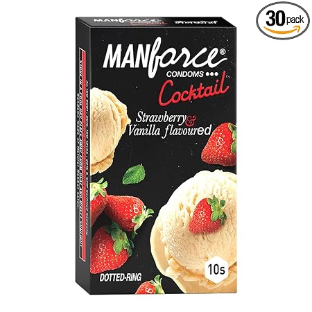 Manforce Cocktail Condoms with Dotted-Rings, Strawberry & Vanilla Flavoured- 10 Pieces