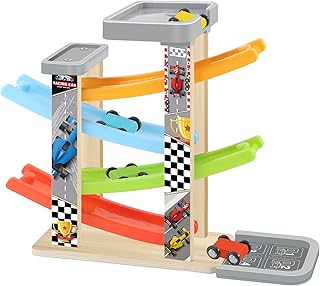 Wooden Car Ramp Toy Set, Montessori Ramp Set Includes 4 Mini Cars and Track — Educational Gift for Boys and Girls 3+ Years Old