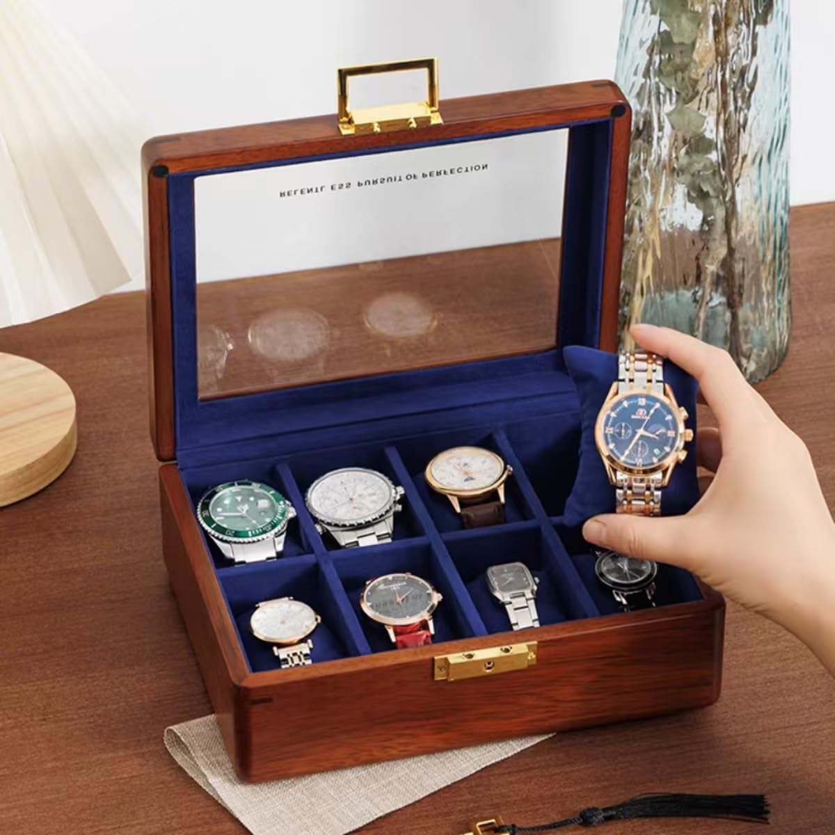 Scatola Porta Orologi in Legno massello con 8 Scomparti e Coperchio in Vetro, Custodia da Collezione in Noce per Uomo e Donna, Organizer di Lusso in Legno per Esposizione e conservazione.