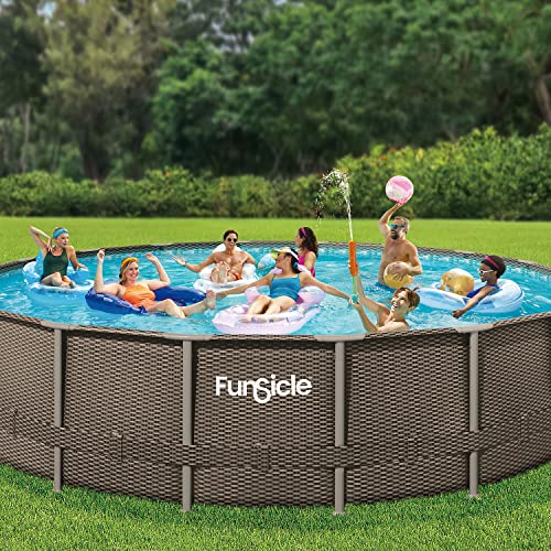 Funsicle 18ft x 48in Round Oasis Designer Above Ground Pool, Dark Double Rattan with SkimmerPlus Filter Pump & Ladder