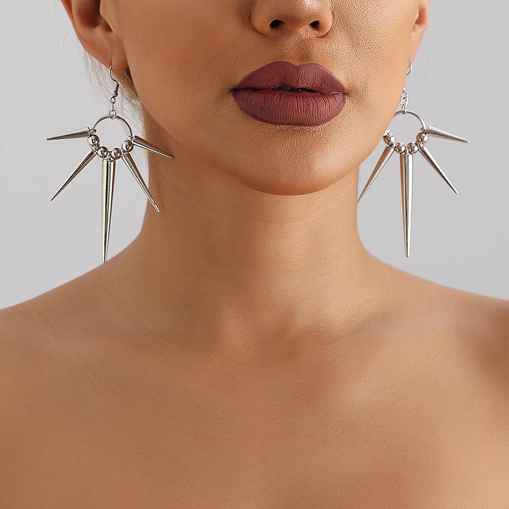 925 Silver Gothic Spike Dangle Drop Earrings, Punk Rock Flame Party Costume Accessories, Barbed Thorn Outfits Dangling Jewelry Gifts for Women - Image 2