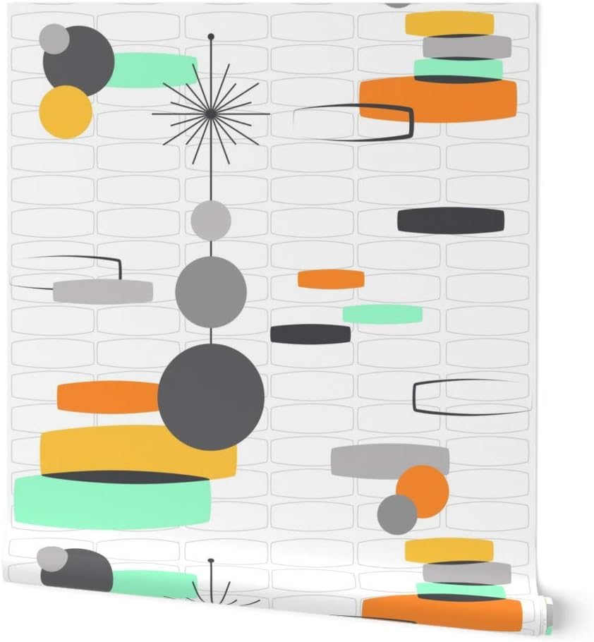 Removable Wallpaper 3ft x 2ft - Retro Modern 50S Atomic 60S Vintage Inspired White Orange Gold Mint Sea Custom Pre-Pasted Wallpaper by Spoonflower