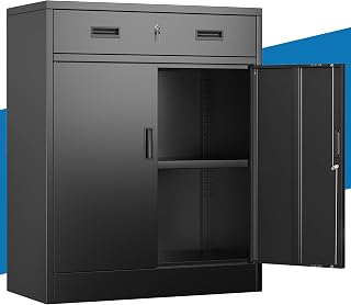 Aktenschrank, Mehrzweckschrank,Büroschrank mit abschließbarem Schubfach und 1 höhenverstellbaren Einlegeboden, Aufbewahrungsschrank aus Stahl, Werkzeugschrank für Garage, Büro(90*80*40,Schwarz)