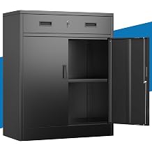 Metal Storage Cabinet, 36" Locking Cabinet with Adjustable Shelves for Garage, Office Black, 1 Drawer