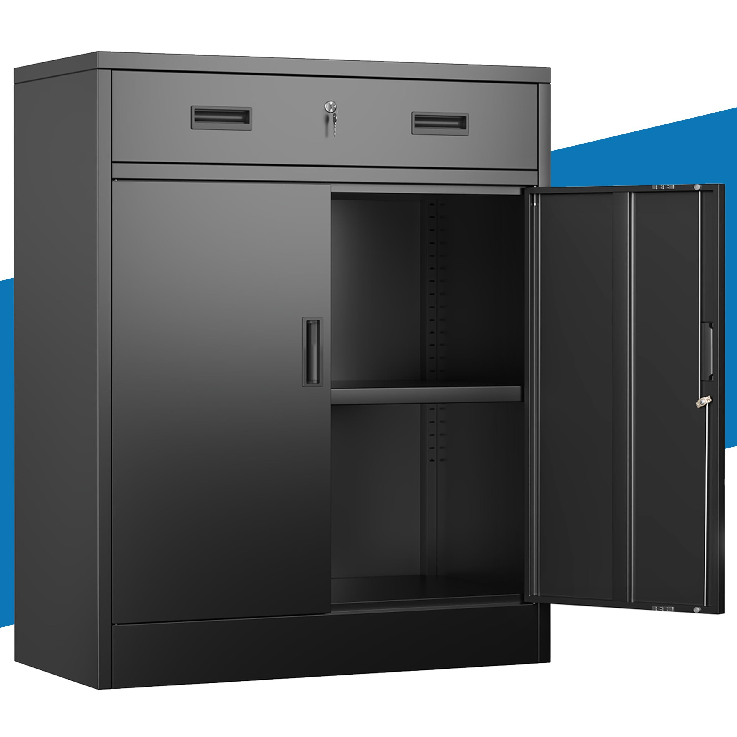Aktenschrank, Mehrzweckschrank,Büroschrank mit abschließbarem Schubfach und 1 höhenverstellbaren Einlegeboden, Aufbewahrungsschrank aus Stahl, Werkzeugschrank für Garage, Büro(90*80*40,Schwarz)