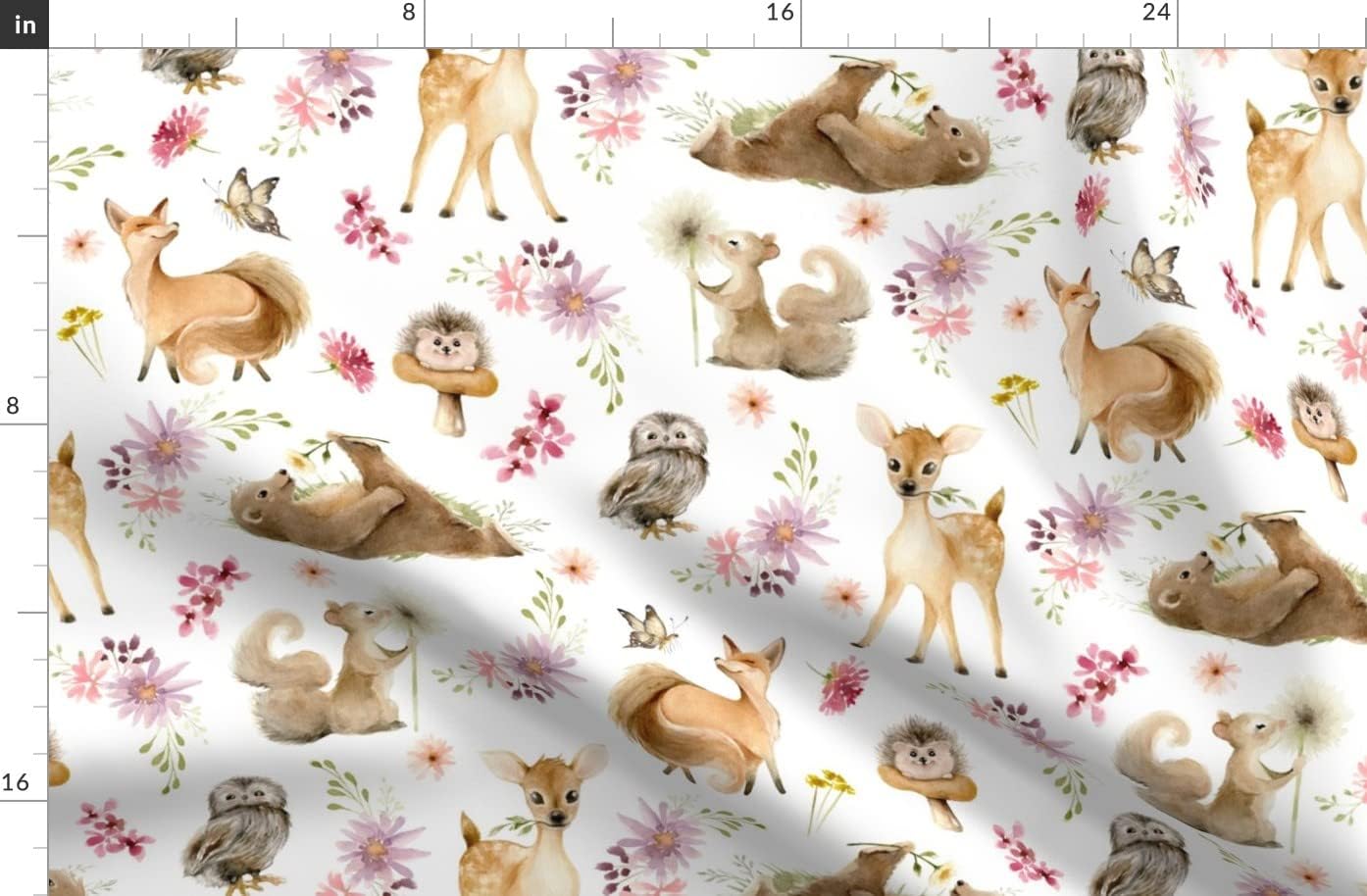 Spoonflower Fabric - Woodland Forest Friends Flowers Deer Baby Animals Fox Printed on Organic Cotton Sateen Fabric by The Yard - Sewing Quilting Apparel Home Decor