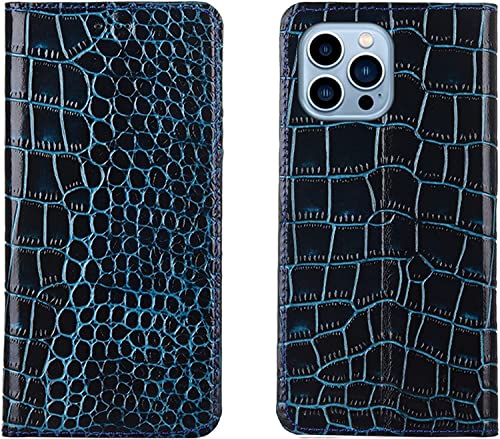 Étui iPhone 14 Pro Max antichoc en cuir véritable bleu protégeant l'écran