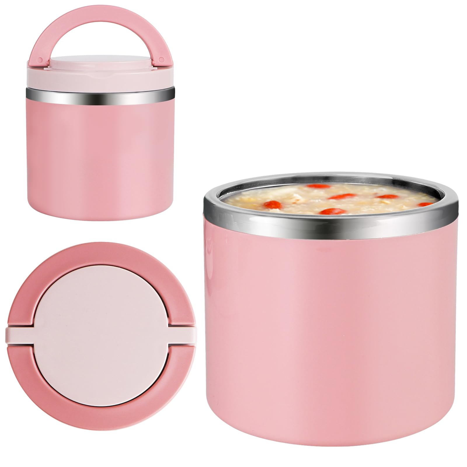 ICEBLUEOR 630ml Food Flask for Hot Food, Portable Soup Flask with Handles, Stainless Steel Vacuum Thermal Food Container, Leak Proof Thermal Lunch Box for Kids School Office Picnic (Pink)
