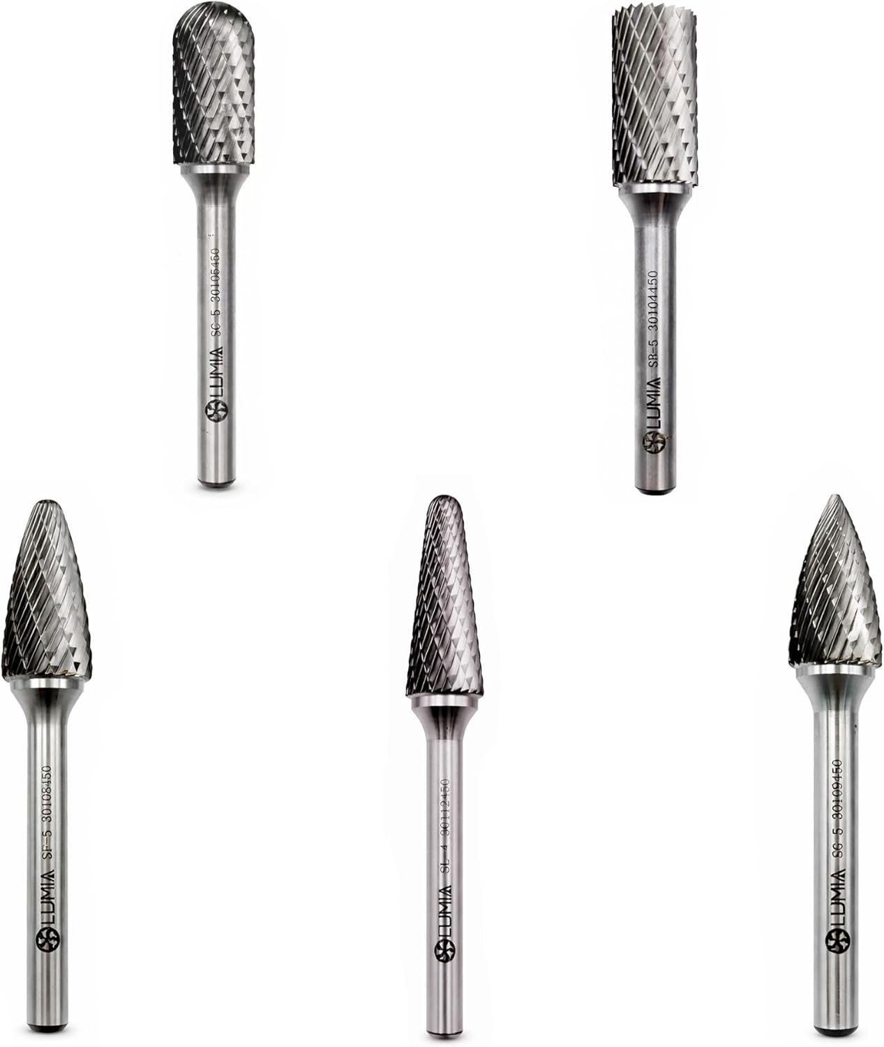 Professional Grade Carbide Bur Set for die grinders, Deburring, Engraving, Grinding, Carving on steel, cast iron, etc. 1/2" head Dia, 1" head Length, 1/4" Shank 5pcs Double Cut style