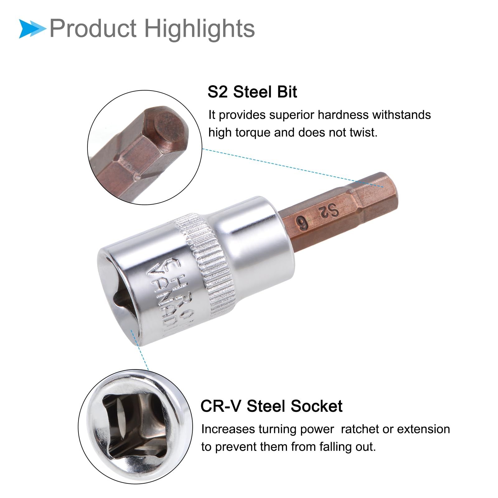CoCud Hex Bit Socket, Metric H6 (6mm) Bit 3/8" Drive 1.5" Long, S2 Alloy Steel Heat Treated CR-V Socket - Image 4