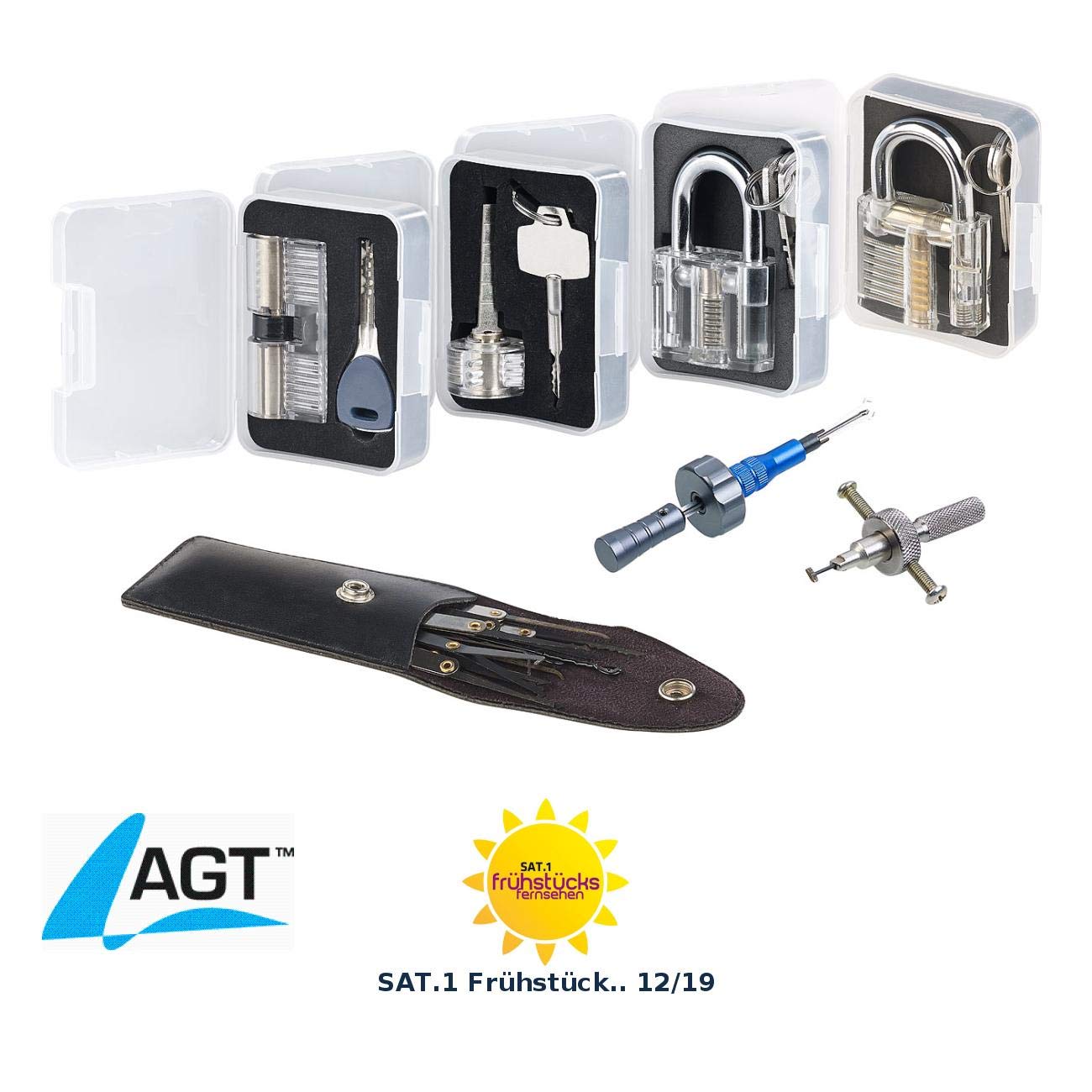 AGT Dietrich Türöffner: Profi-Lockpicking-Set mit 19 Werkzeugen und 4 Übungsschlössern (Dietrich Werkzeug, Türöffner, Experimentierkasten)