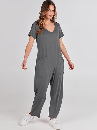 Miniatura 7 de ANRABESS Enterizo de verano de manga corta con cuello en V para mujer, estilo casual, holgado, con bolsillos