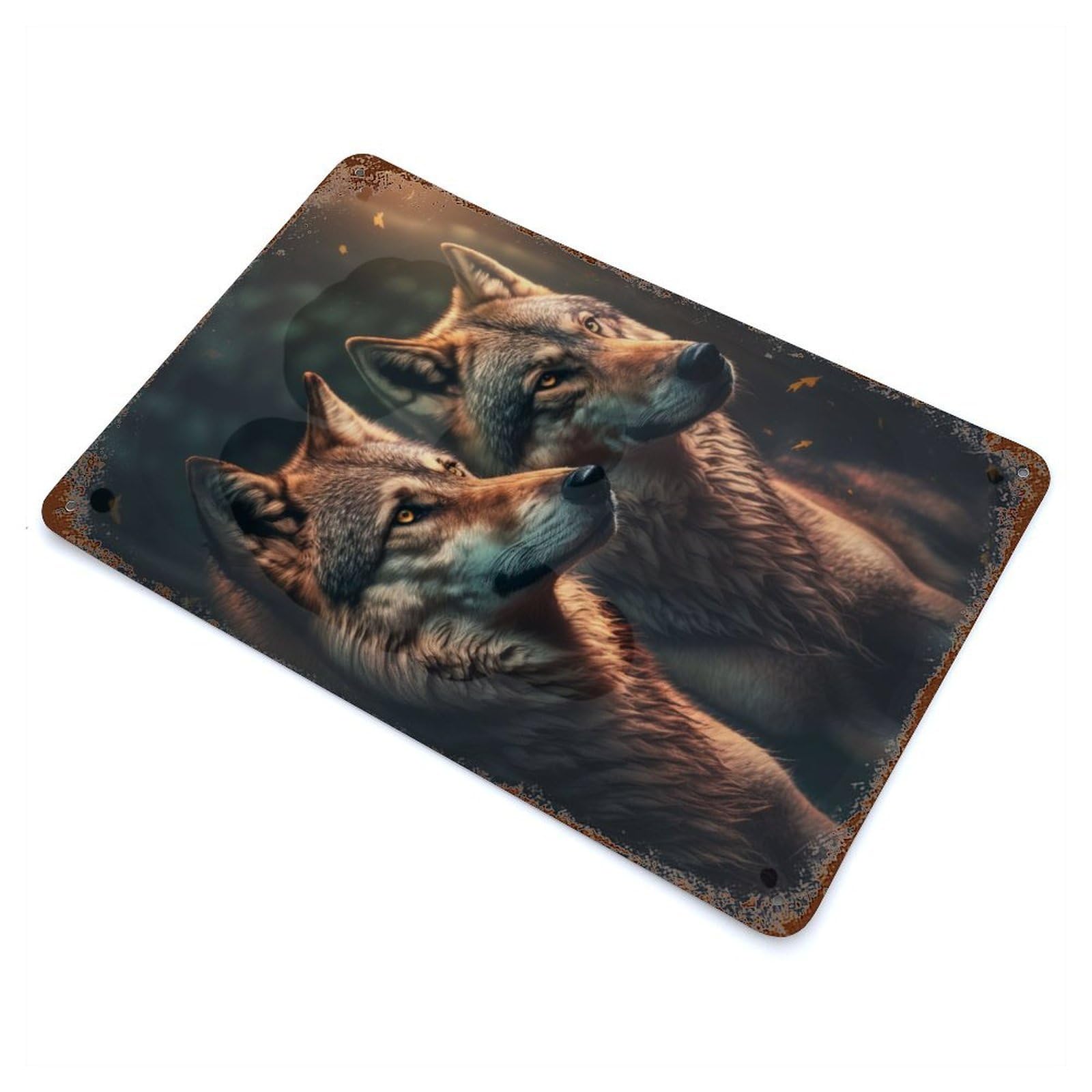 Two Wolves 11.8"x7.9" Rust Effect Tin Sign, Industrial Home Decor for Living Room, Hallway And Home Decor