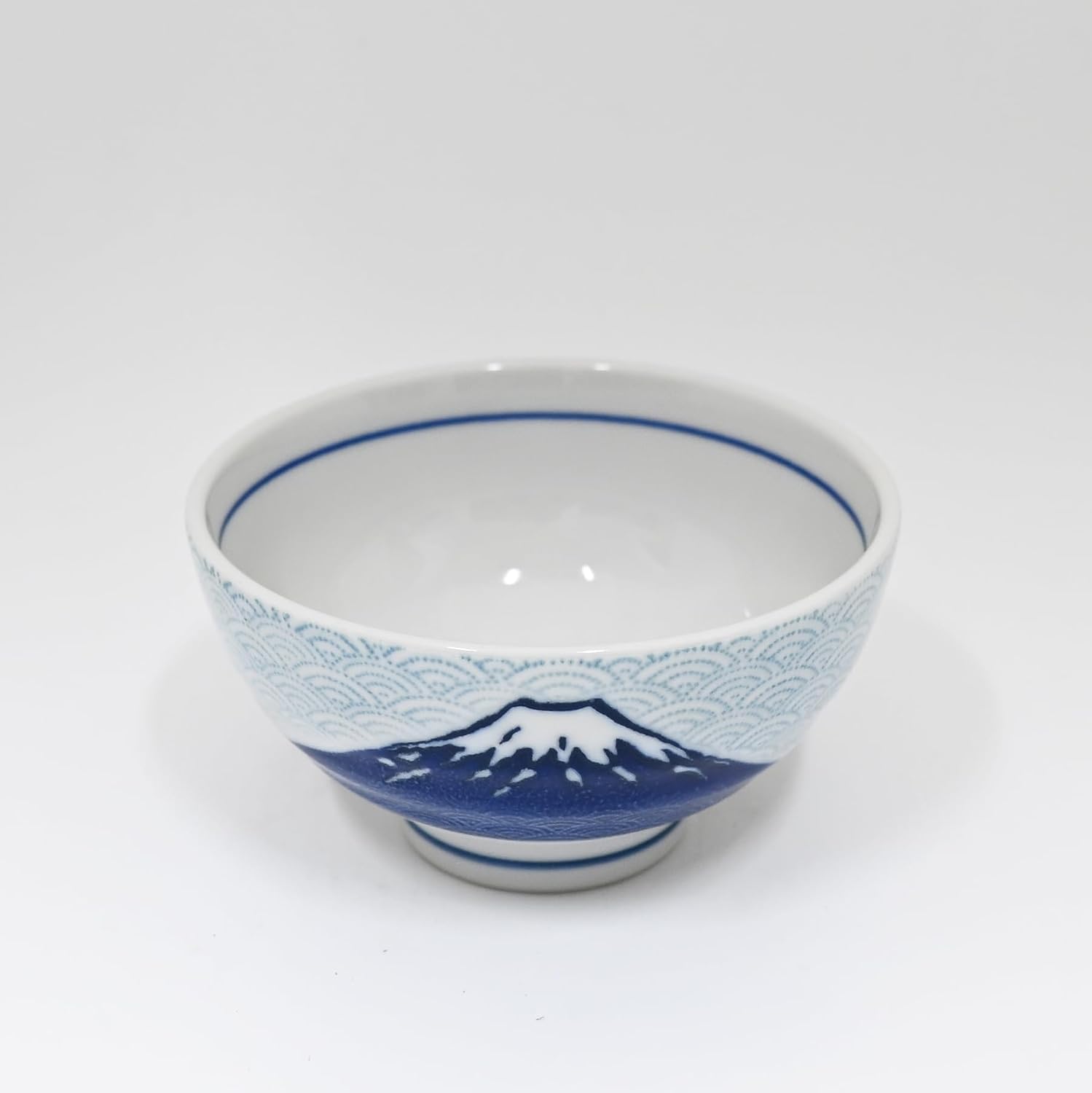 Urban Tokyo Minoware Porcelain Rice Bowl, Mount Fuji Seigaiha Wave Design, 10oz, 4.5 Inch Diameter, Microwave and Dishwasher Safe, Made in Japan (Blue Fuji)