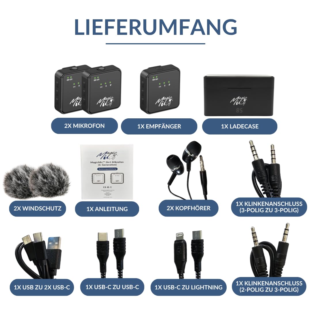 MagicMic™ Microfono (3a generazione) Content Creation Microfono, Lavalier radio con cancellazione del rumore per PC, iPhone, interviste, YouTube, Vlog (2 trasmettitori + 1 ricevitore + scatola di