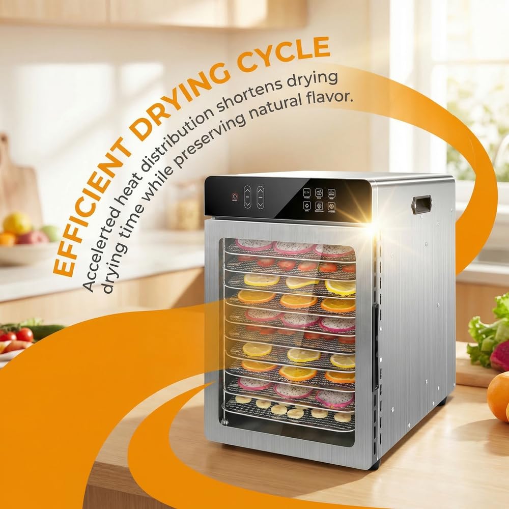 Odwadniacz żywności do suszonego, 10 tacek ze stali nierdzewnej, 9 m² odwadniacz mięsa z cyfrowym timerem i kontrolą temperatury 90°C, 4 ustawienia wstępne, elektryczna suszarka 800 W do owoców, ziół