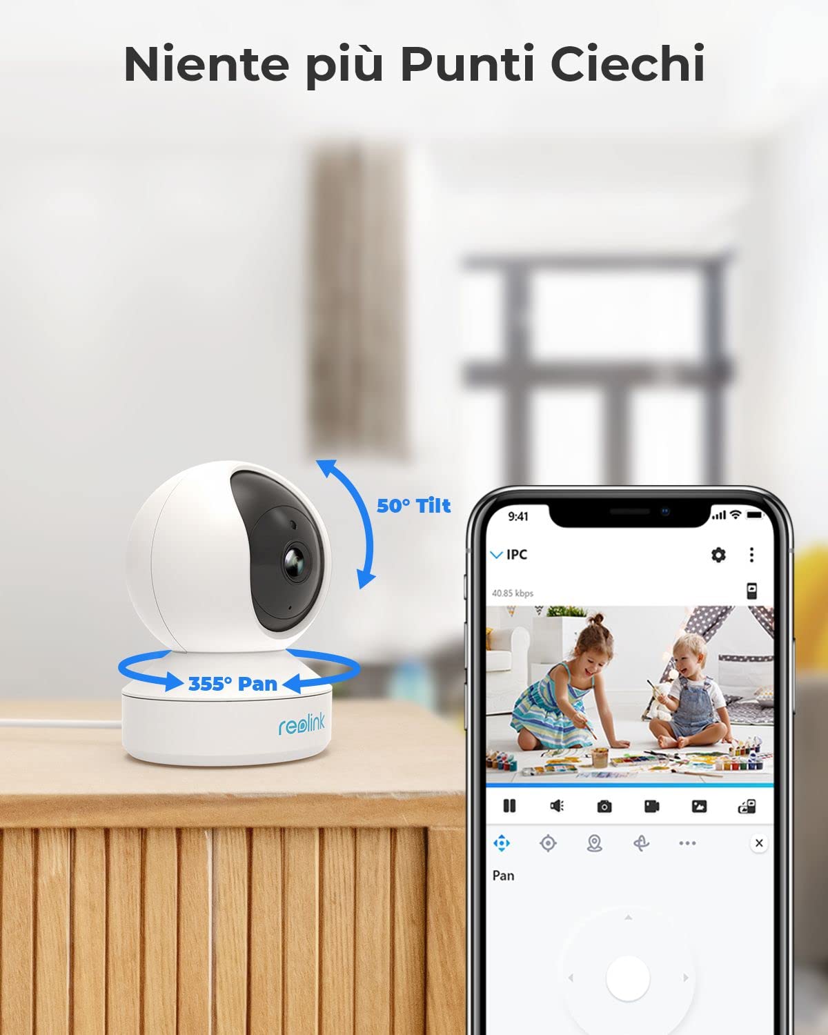Reolink Telecamera WiFi Interno 3MP Pan/Tilt E1 Ricondizionato, Sorveglianza 2.4GHz Audio 2 Vie Visione Notturna Rilevazione Movimento