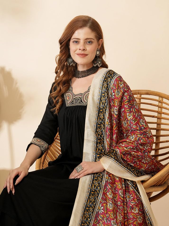 Image of Solid Ethnic Embroidered A-Line Pleated Kurta with Palazzo & Printed Dupatta