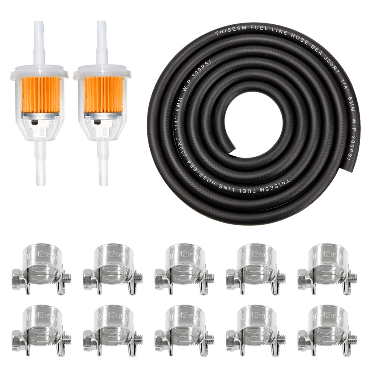 Tnisesm 1/4Inch (6MM) ID Fuel Line kits, 2 Meter/6-Foot Fuel Line + 2Pcs 1/4 Inch X 5/16 Inch Gas Inline Fuel Filters with Magnet +10 Pcs 13/32''-15/32'' Mini Fuel Hose Clamps Adjustable