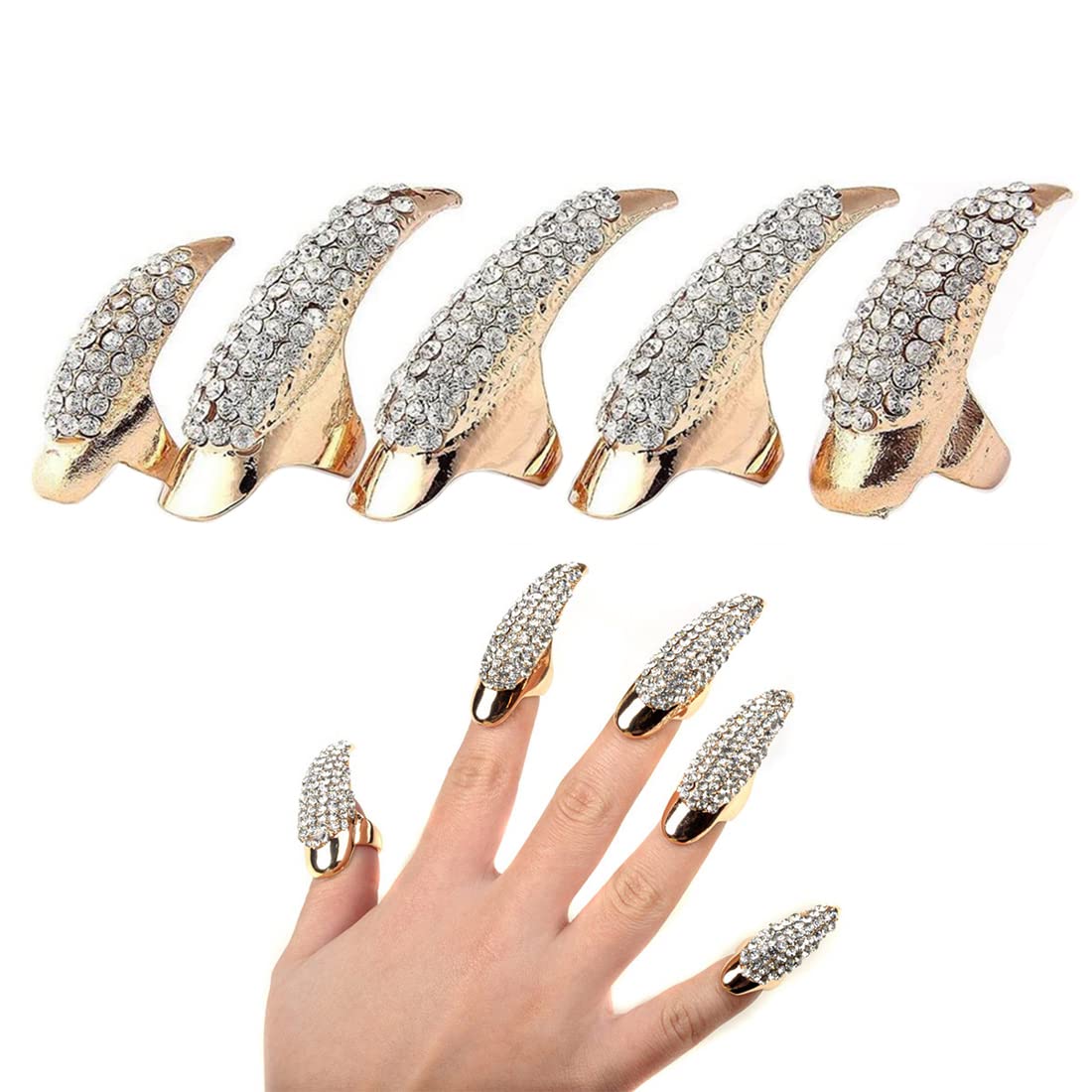 5Pcs Punk Style Eagle Claw Ring Halloween False Nail Rings Gothic Retro Crystal Talon Claw Paw Finger Rings Knuckle Bend Fingertip Fake Claw for Cosplay Stage Performance Carnival(Gold)