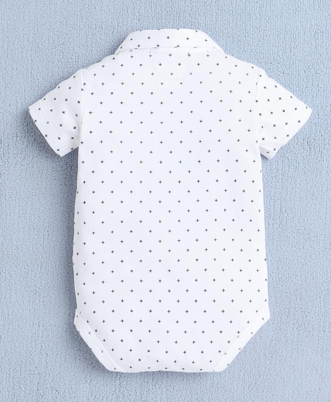 Image of BUMZEE Baby Boys Regular Fit Half Sleeves Collar Neck Cotton Bodysuit & Short Set With Bow Suspender & Cap
