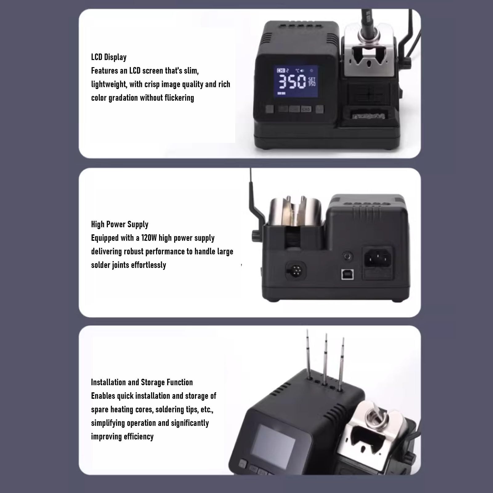 Lazmin112 Stacja Lutownicza, Cyfrowy Wyświetlacz LCD o Mocy 120 W, Szybkie Nagrzewanie, Regulacja Temperatury PID z Przewodem Uziemiającym, Antystatyczna, Automatyczne Uśpienie, do (wtyczka UE)