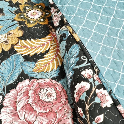 Image of Lush Decor Sydney Reversible Cotton Quilt Set, 3 Piece Set, Full / Queen, Black & Blue - Cotton Bedding Set - Black Floral Quilt - Cottage Decor - Bedding Queen Size
